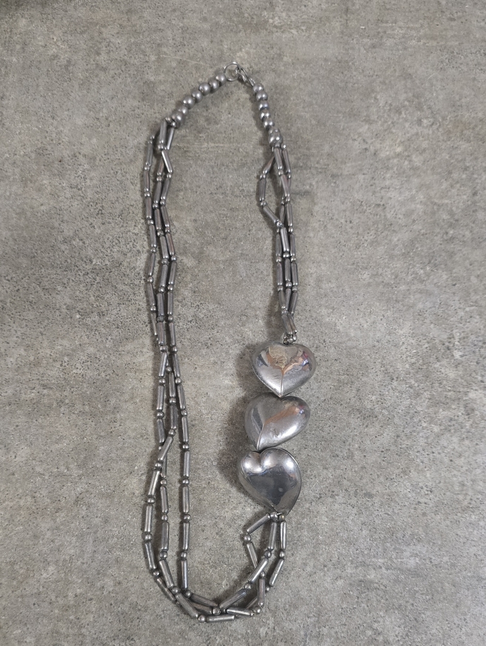 Silver Heart Pendant Triple Drop Necklace - Silver Tone